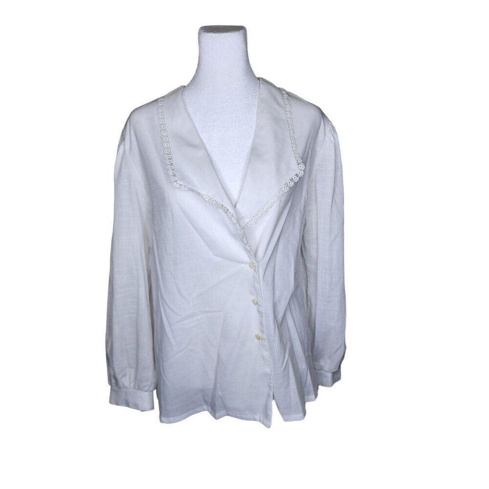 Vintage 80s Long Sleeve Button Up Blouse Womens Size 16 White Spread Collar